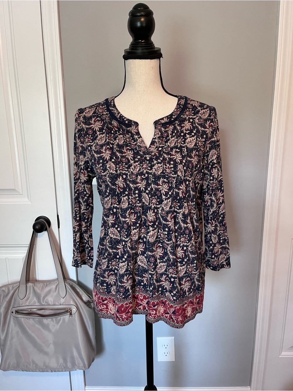 Lucky Brand Navy Floral Split-Neck Tunic with Red Border